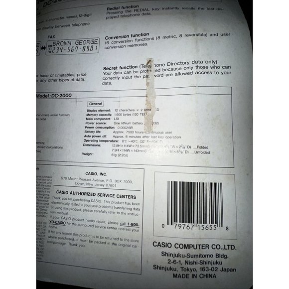 Vintage Casio Data Bank DC-2000-s 130 Tel & Fax Hand Held Digital Organizer - Picture 3 of 4